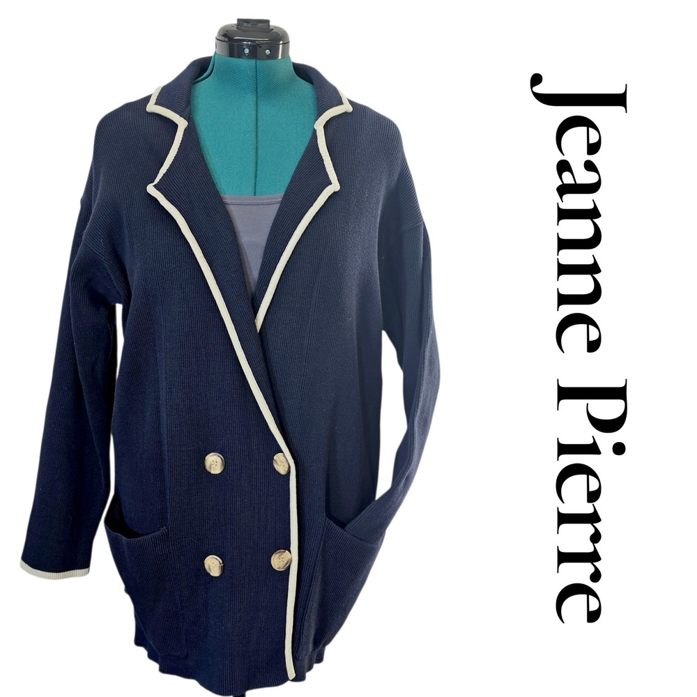 Jeanne Pierre Navy Blue‎ Ribbed Knit Double Breasted Blazer Cardigan Size L